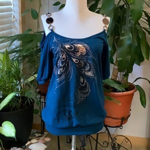 Rhapsody off the shoulder blue and silver size large
